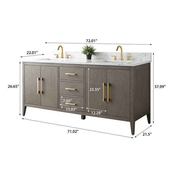 Vanity Art 72 W x 22 D x 34-in H Grey Wood Double Sink Bathroom Vanity w/ Engineered Marble and Golden Brushed Handle