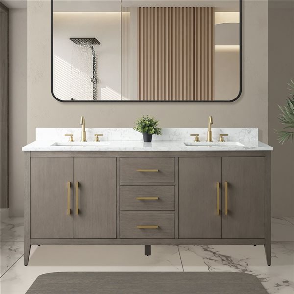 Vanity Art 72 W x 22 D x 34-in H Grey Wood Double Sink Bathroom Vanity w/ Engineered Marble and Golden Brushed Handle