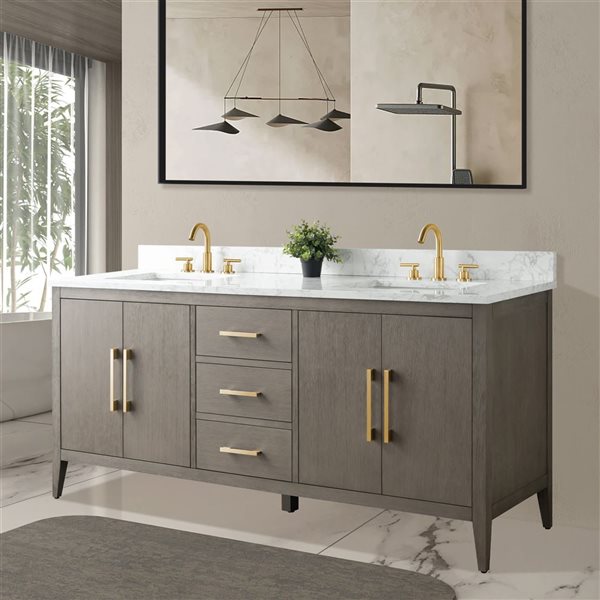 Vanity Art 72 W x 22 D x 34-in H Grey Wood Double Sink Bathroom Vanity w/ Engineered Marble and Golden Brushed Handle