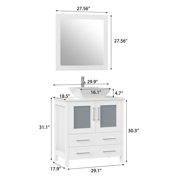 Vanity Art 30 W x 18 D x 36-in H White Single Sink Bathroom Vanity w/ White Engineered Marble Top and Mirror