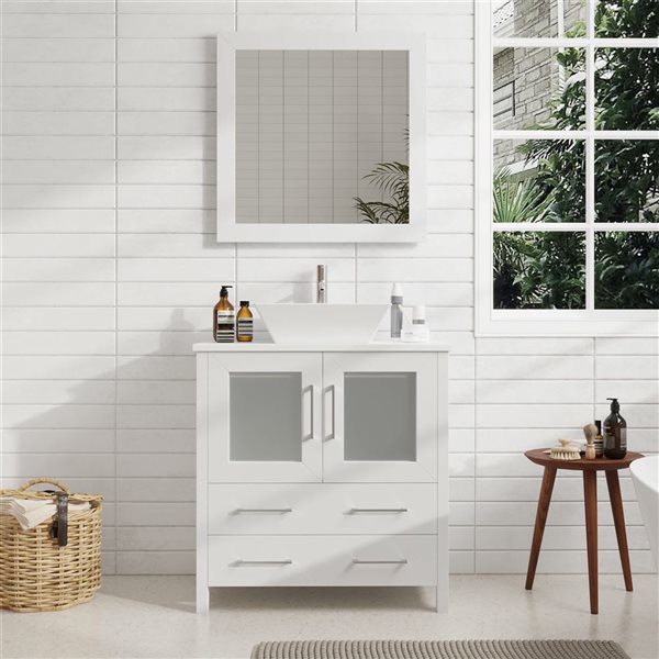 Vanity Art 30 W x 18 D x 36-in H White Single Sink Bathroom Vanity w/ White Engineered Marble Top and Mirror