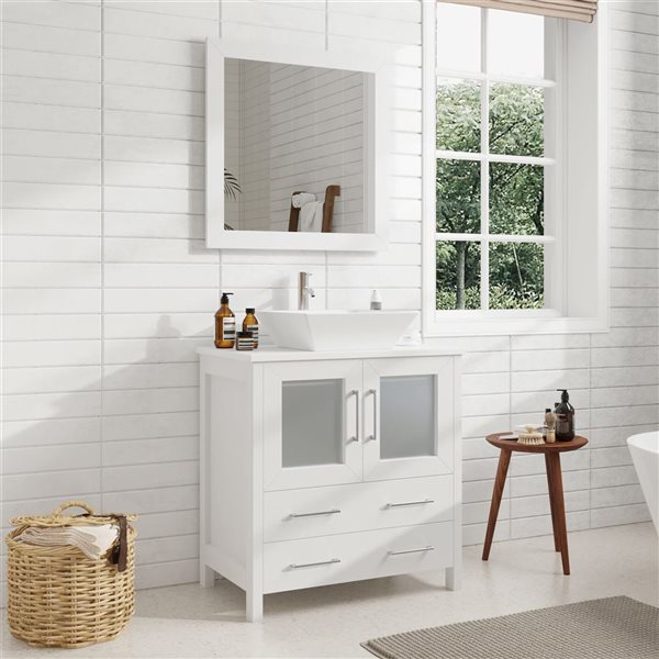 Vanity Art 30 W x 18 D x 36-in H White Single Sink Bathroom Vanity w/ White Engineered Marble Top and Mirror