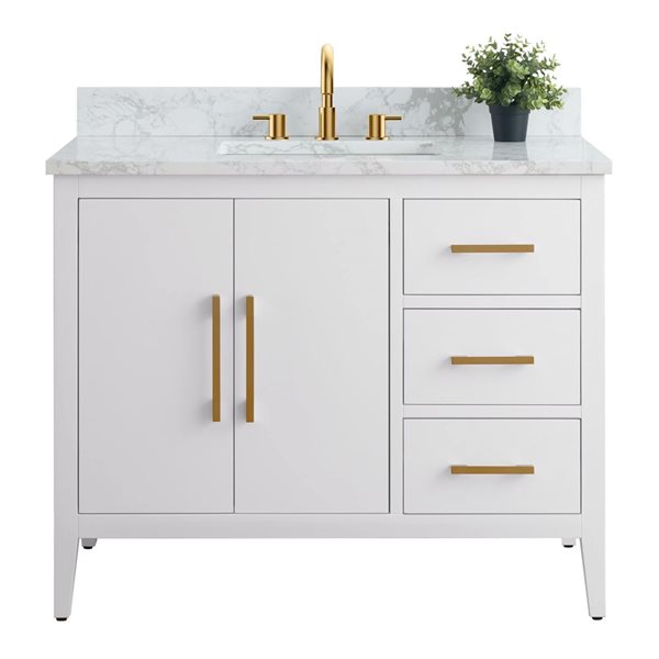 42 W X 22 D X 34-In H White Single Sink Bathroom Vanity W/ Engineered Marble Top And Golden Brushed Handle, White/Red/Gold