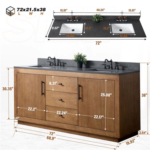 Vanity Art 72-in W Double Sink Freestanding Bathroom Vanity w/ Engineered Stone Top - Tan/Black