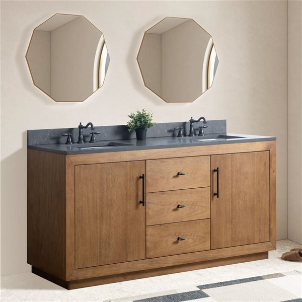 Vanity Art 72-in W Double Sink Freestanding Bathroom Vanity w/ Engineered Stone Top - Tan/Black