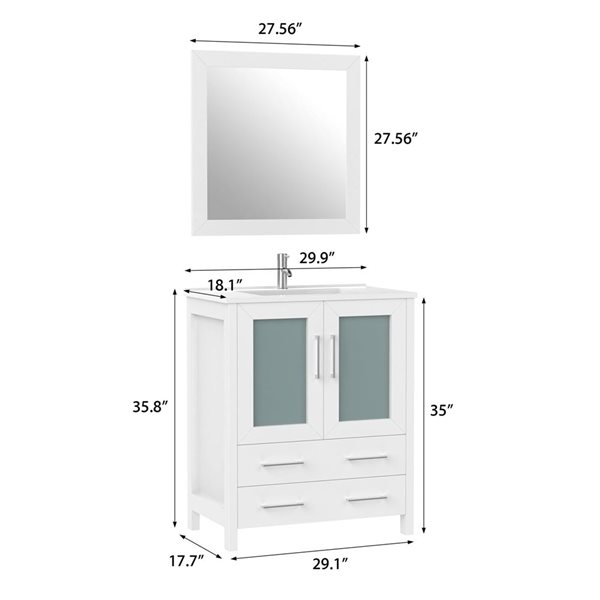 Vanity Art 30 W x 18 D x 36-in H White Single Sink Bathroom Vanity w/ White Ceramic Top and Mirror