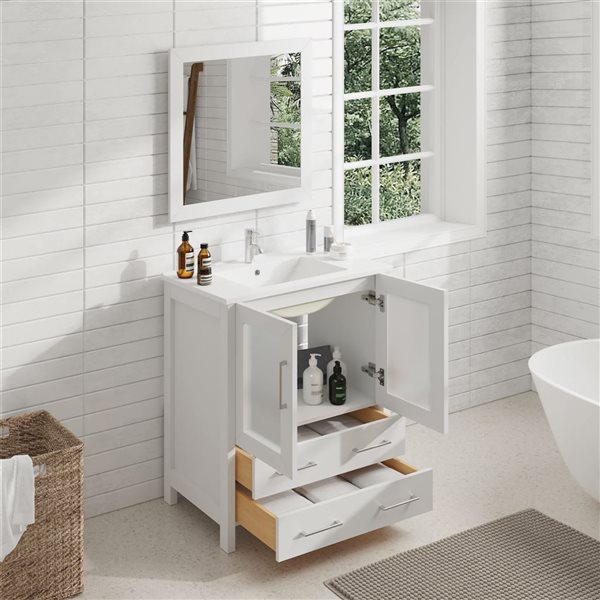 Vanity Art 30 W x 18 D x 36-in H White Single Sink Bathroom Vanity w/ White Ceramic Top and Mirror