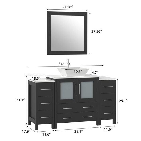 Vanity Art 54 W x 18 D x 36-in H Black Single Sink Bathroom Vanity w/ White Engineered Marble Top and Mirror