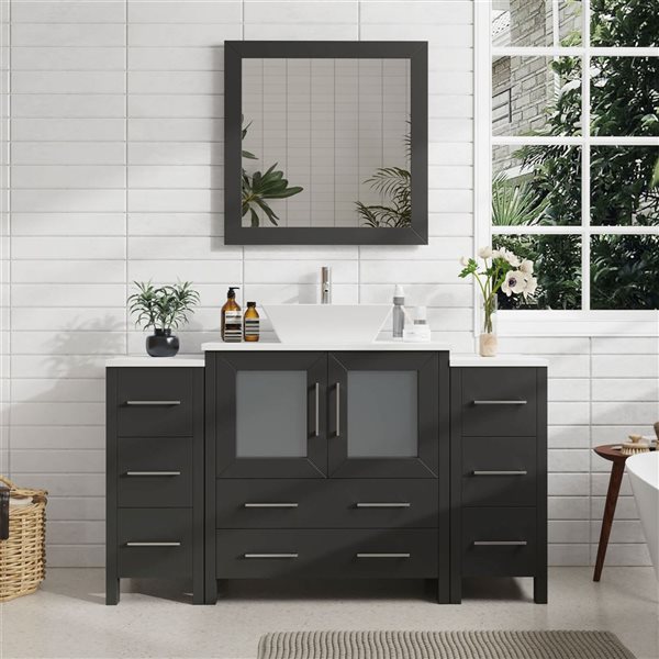 Vanity Art 54 W x 18 D x 36-in H Black Single Sink Bathroom Vanity w/ White Engineered Marble Top and Mirror