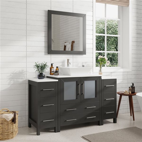 Vanity Art 54 W x 18 D x 36-in H Black Single Sink Bathroom Vanity w/ White Engineered Marble Top and Mirror