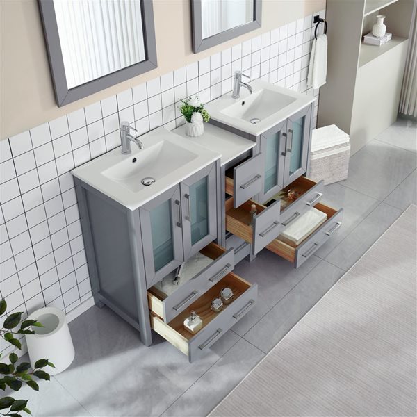 Vanity Art 60 W x 18 D x 36-in H Double Sink Bathroom Vanity w/ White Ceramic Top and Mirrors