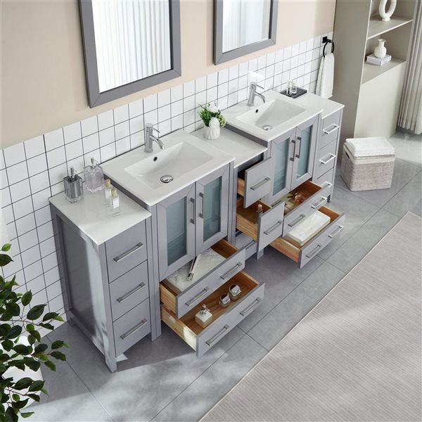 Vanity Art 84 W x 18 D x 36-in H Grey Double Sink Bathroom Vanity w/ White Ceramic Top and Mirrors