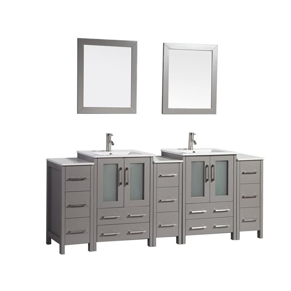 Vanity Art 84 W x 18 D x 36-in H Grey Double Sink Bathroom Vanity w/ White Ceramic Top and Mirrors