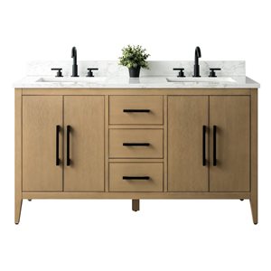 Meuble-lavabo double Vanity Art 60 l. x 22 p. x 34 po h. brun avec dessus en marbre synthétique et poignée noir mat