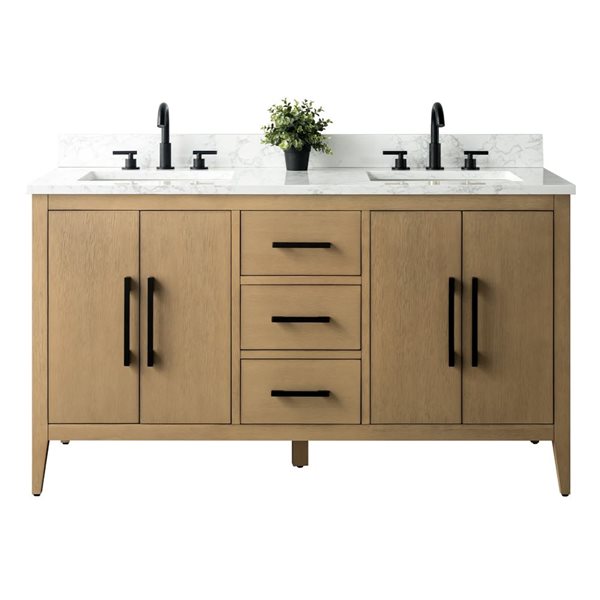 60 W X 22 D X 34-In H Brown Double Sink Bathroom Vanity W/ Engineered Marble Top And Matte Black Handle, Brown/Black/Red