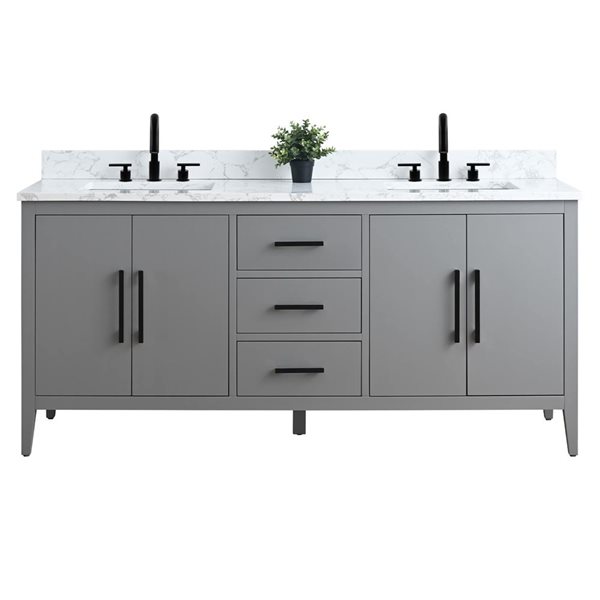 72 W X 22 D X 34-In H Grey Double Sink Bathroom Vanity W/ White Engineered Marble And Matte Black Handle, White/Black/Grey