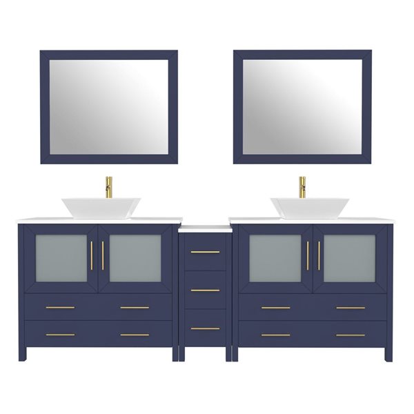 Vanity Art 84 W x 18 D x 36-in H Symmetrical Navy Double Sink Bathroom Vanity w/ White Engineered Marble and Mirrors