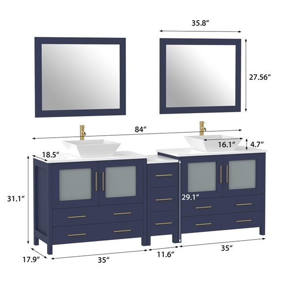 Vanity Art 84 W x 18 D x 36-in H Symmetrical Navy Double Sink Bathroom Vanity w/ White Engineered Marble and Mirrors