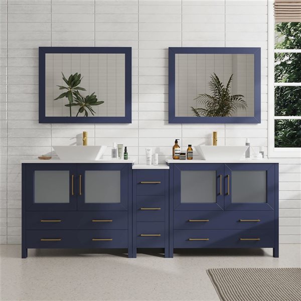 Vanity Art 84 W x 18 D x 36-in H Symmetrical Navy Double Sink Bathroom Vanity w/ White Engineered Marble and Mirrors
