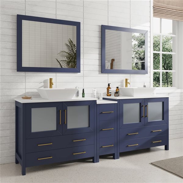 Vanity Art 84 W x 18 D x 36-in H Symmetrical Navy Double Sink Bathroom Vanity w/ White Engineered Marble and Mirrors