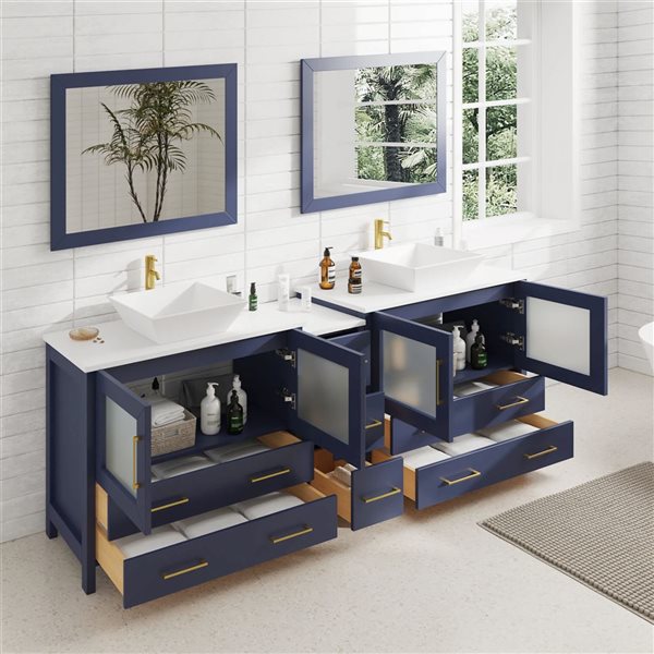 Vanity Art 84 W x 18 D x 36-in H Symmetrical Navy Double Sink Bathroom Vanity w/ White Engineered Marble and Mirrors