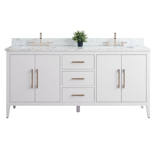 72 W X 22 D X 34-In H White Double Sink Bathroom Vanity W/ Engineered Marble And Brushed Nickel Handle, White/Red, Marble/Nickel