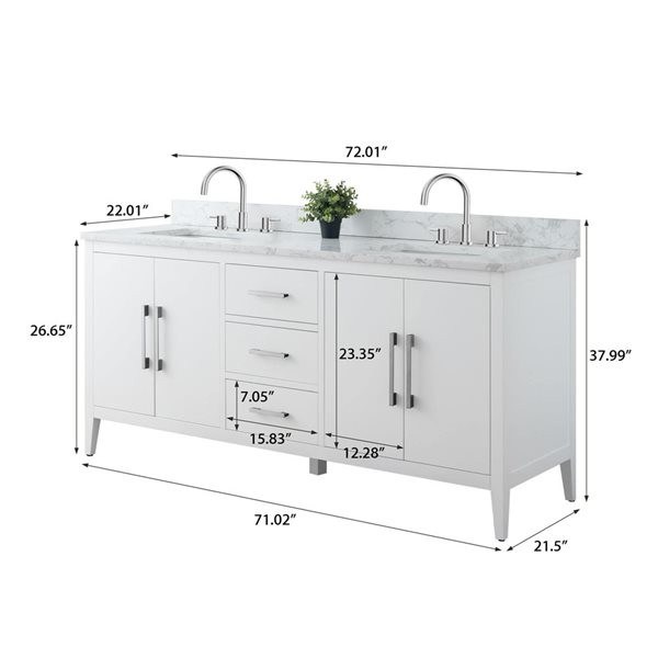 Vanity Art 72 W x 22 D x 34-in H White Double Sink Bathroom Vanity w/ Engineered Marble and Brushed Nickel Handle