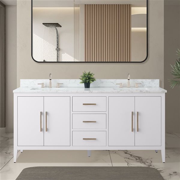 Vanity Art 72 W x 22 D x 34-in H White Double Sink Bathroom Vanity w/ Engineered Marble and Brushed Nickel Handle