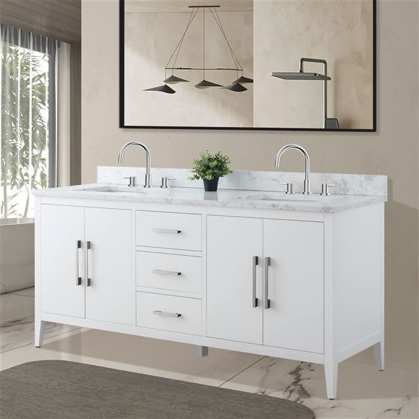 Vanity Art 72 W x 22 D x 34-in H White Double Sink Bathroom Vanity w/ Engineered Marble and Brushed Nickel Handle