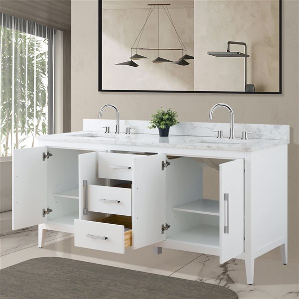Vanity Art 72 W x 22 D x 34-in H White Double Sink Bathroom Vanity w/ Engineered Marble and Brushed Nickel Handle
