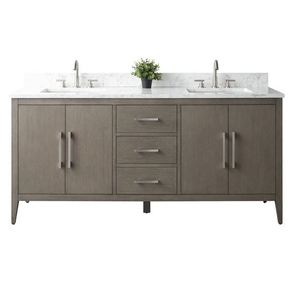 72 W X 22 D X 34-In H Grey Wood Double Sink Bathroom Vanity W/ Engineered Marble And Brushed Nickel Handle, Grey/Red, Marble/Nickel