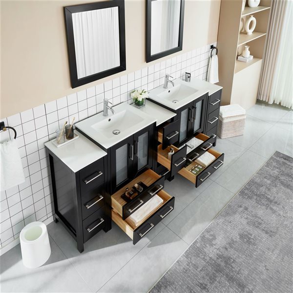 Vanity Art 84 W x 18 D x 36-in H Black Double Sink Bathroom Vanity w/ White Ceramic Top and Mirrors