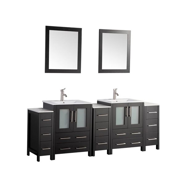 Vanity Art 84 W x 18 D x 36-in H Black Double Sink Bathroom Vanity w/ White Ceramic Top and Mirrors