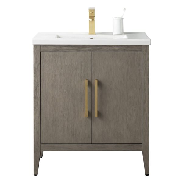 30 W X 19 D X 34-In H Grey Wood Single Sink Bathroom Vanity W/ Ceramic Top And Golden Brushed Handle, Grey/Gold