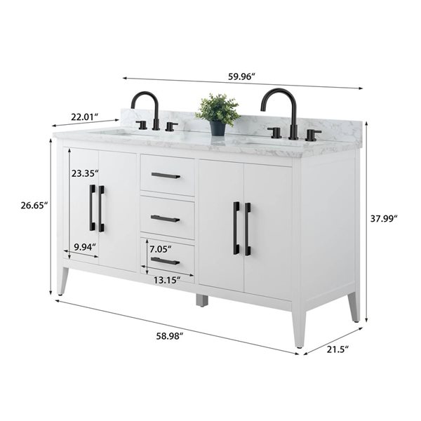 Vanity Art 60 W x 22 D x 34-in H Blanc Double Sink Bathroom Vanity w/ Engineered Marble Top and Matte Black Handle