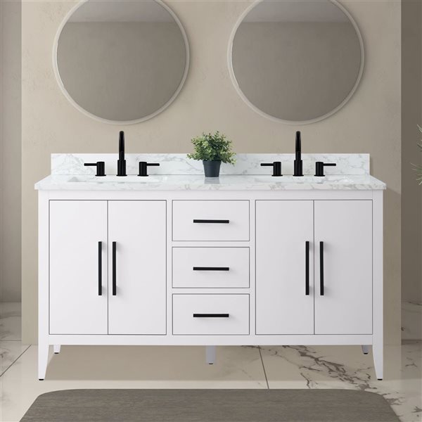 Vanity Art 60 W x 22 D x 34-in H Blanc Double Sink Bathroom Vanity w/ Engineered Marble Top and Matte Black Handle
