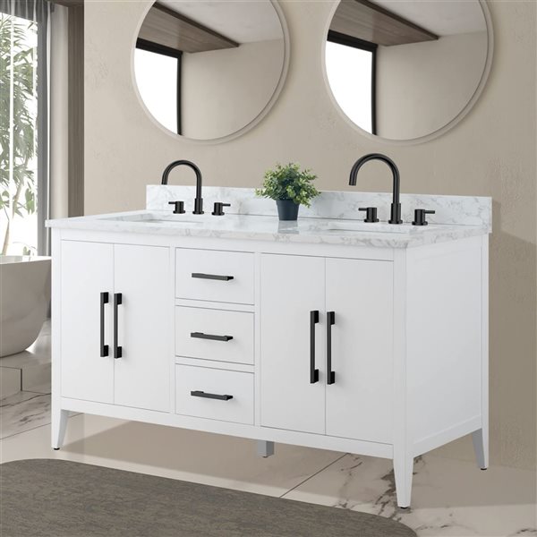 Vanity Art 60 W x 22 D x 34-in H Blanc Double Sink Bathroom Vanity w/ Engineered Marble Top and Matte Black Handle