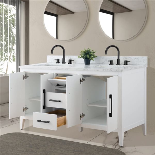 Vanity Art 60 W x 22 D x 34-in H Blanc Double Sink Bathroom Vanity w/ Engineered Marble Top and Matte Black Handle