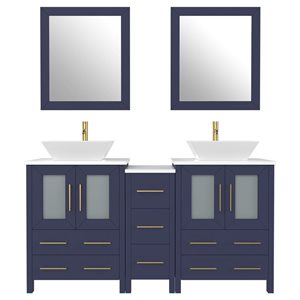 Meuble-lavabo double Vanity Art 60 l. x 18 p. x 36 po h. bleu marin avec dessus en marbre synthétique avec miroirs