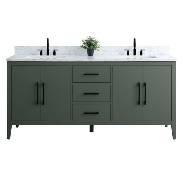 72 W X 22 D X 34-In H Green Double Sink Bathroom Vanity W/ White Engineered Marble And Matte Black Handle, Green/Black/White