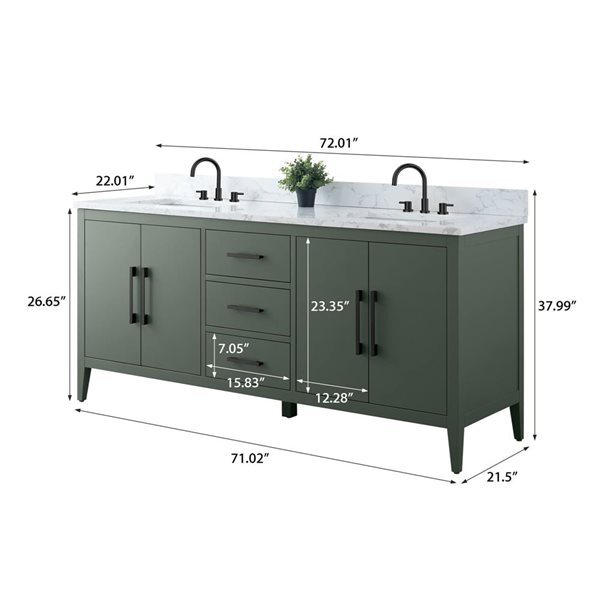 Vanity Art 72 W x 22 D x 34-in H Green Double Sink Bathroom Vanity w/ White Engineered Marble and Matte Black Handle
