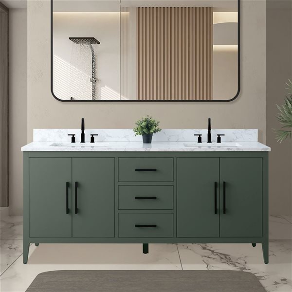 Vanity Art 72 W x 22 D x 34-in H Green Double Sink Bathroom Vanity w/ White Engineered Marble and Matte Black Handle