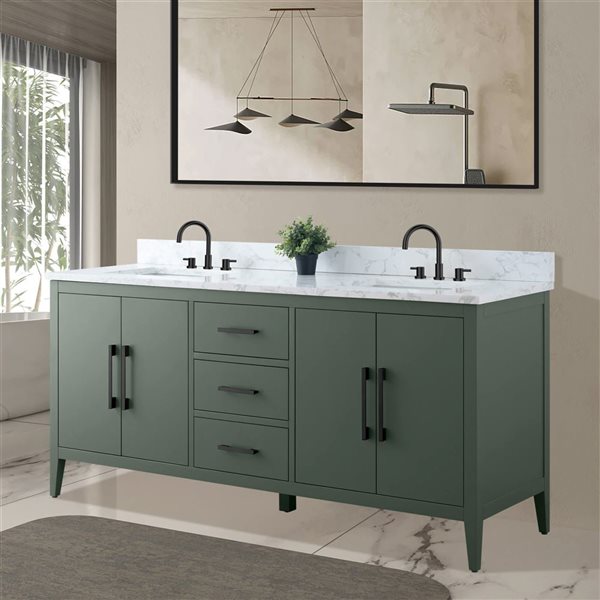 Vanity Art 72 W x 22 D x 34-in H Green Double Sink Bathroom Vanity w/ White Engineered Marble and Matte Black Handle