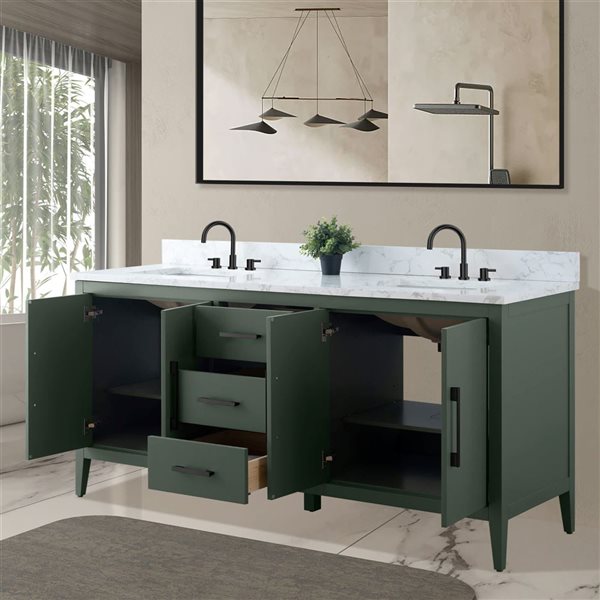 Vanity Art 72 W x 22 D x 34-in H Green Double Sink Bathroom Vanity w/ White Engineered Marble and Matte Black Handle