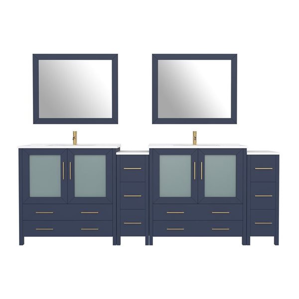 Vanity Art 96 W x 18 D x 36-in H Large Navy Double Sink Bathroom Vanity w/ White Ceramic Top and Mirrors