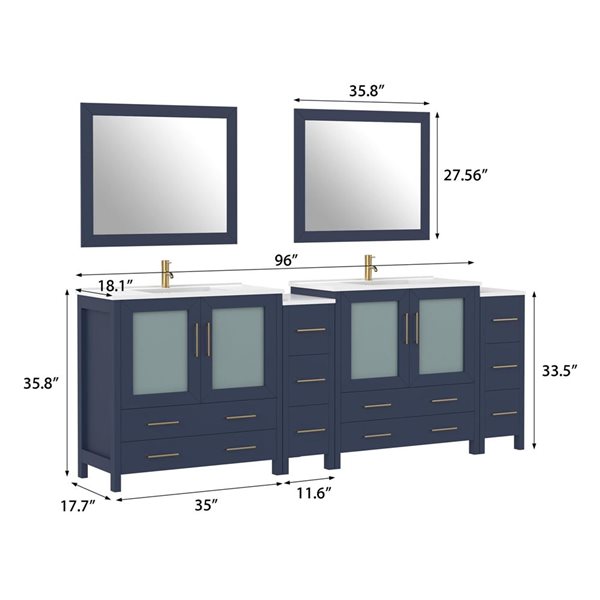 Vanity Art 96 W x 18 D x 36-in H Large Navy Double Sink Bathroom Vanity w/ White Ceramic Top and Mirrors
