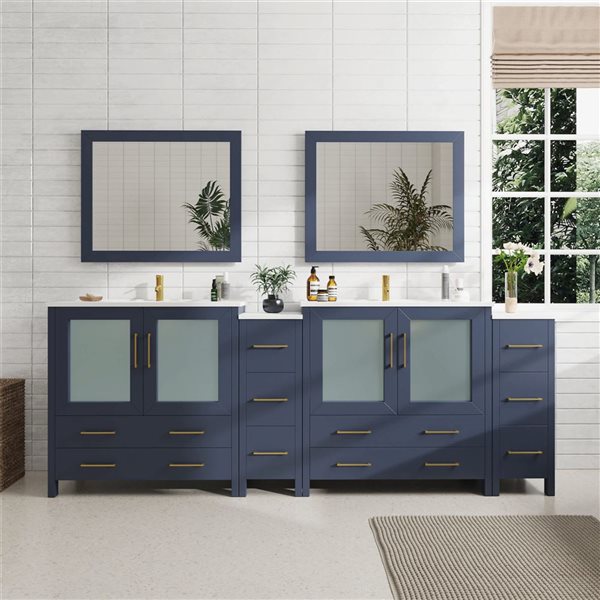 Vanity Art 96 W x 18 D x 36-in H Large Navy Double Sink Bathroom Vanity w/ White Ceramic Top and Mirrors