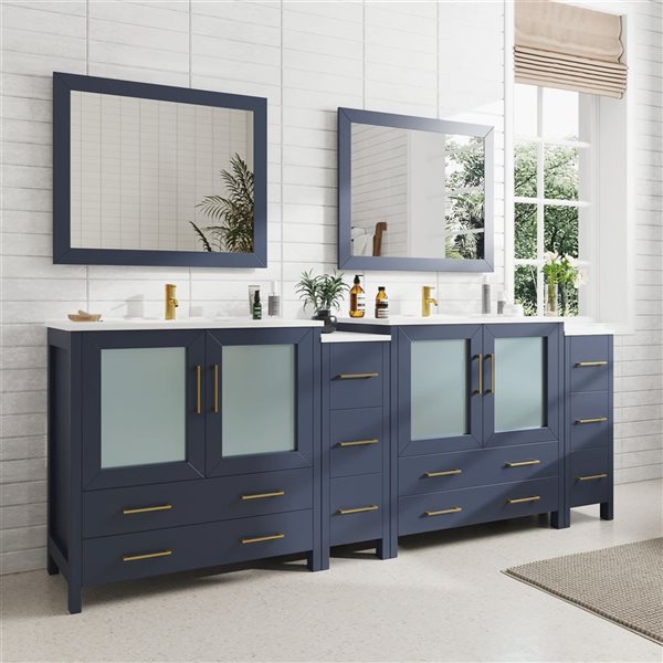 Vanity Art 96 W x 18 D x 36-in H Large Navy Double Sink Bathroom Vanity w/ White Ceramic Top and Mirrors