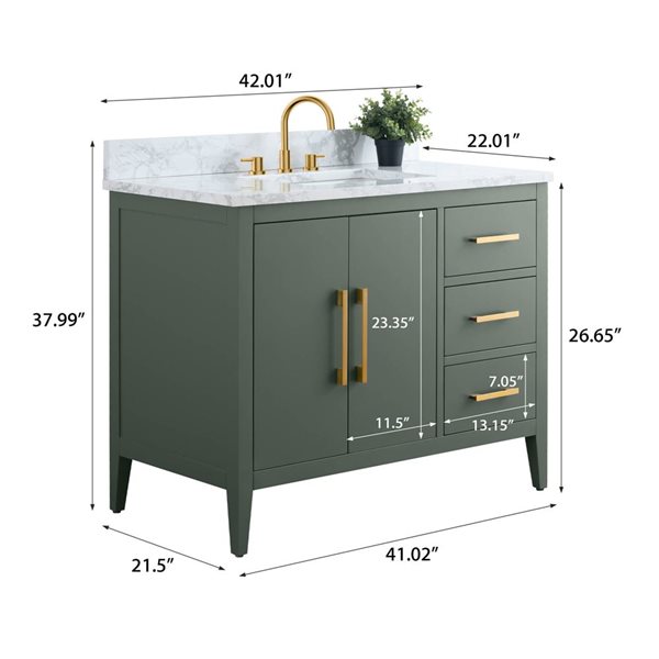 Vanity Art 42 W x 22 D x 34-in H Green Single Sink Bathroom Vanity w/ Engineered Marble Top and Golden Handle