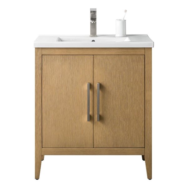 Vanity Art 30 W x 19 D x 34-in H Brown Single Sink Bathroom Vanity w/ White Ceramic Top and Brushed Nickel Handle